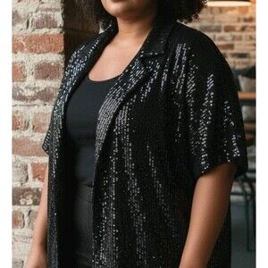 Midnight Velvet Sequin Shirt Top Blouse 3X Black Collared Snap Front Elegant
